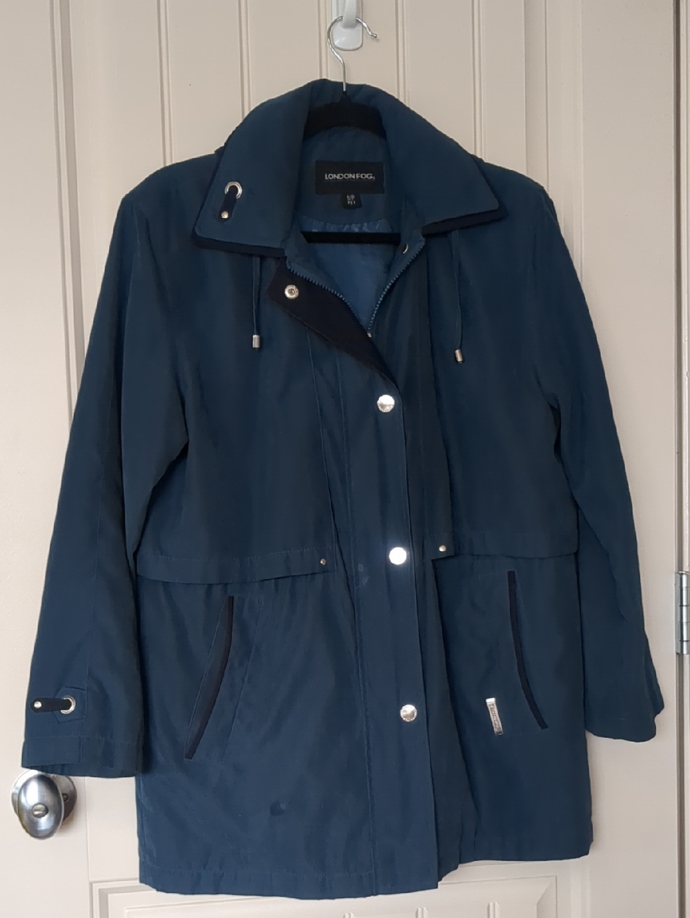 London Fog Navy Hooded Trench Coat with Snap Front